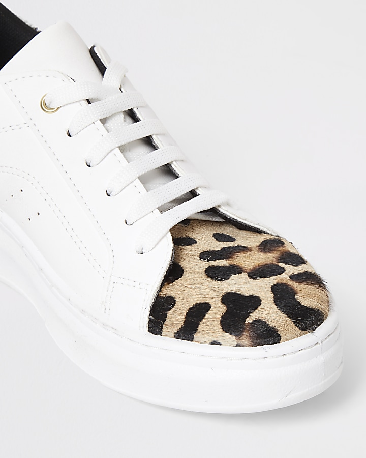 White leopard print lace-up trainers