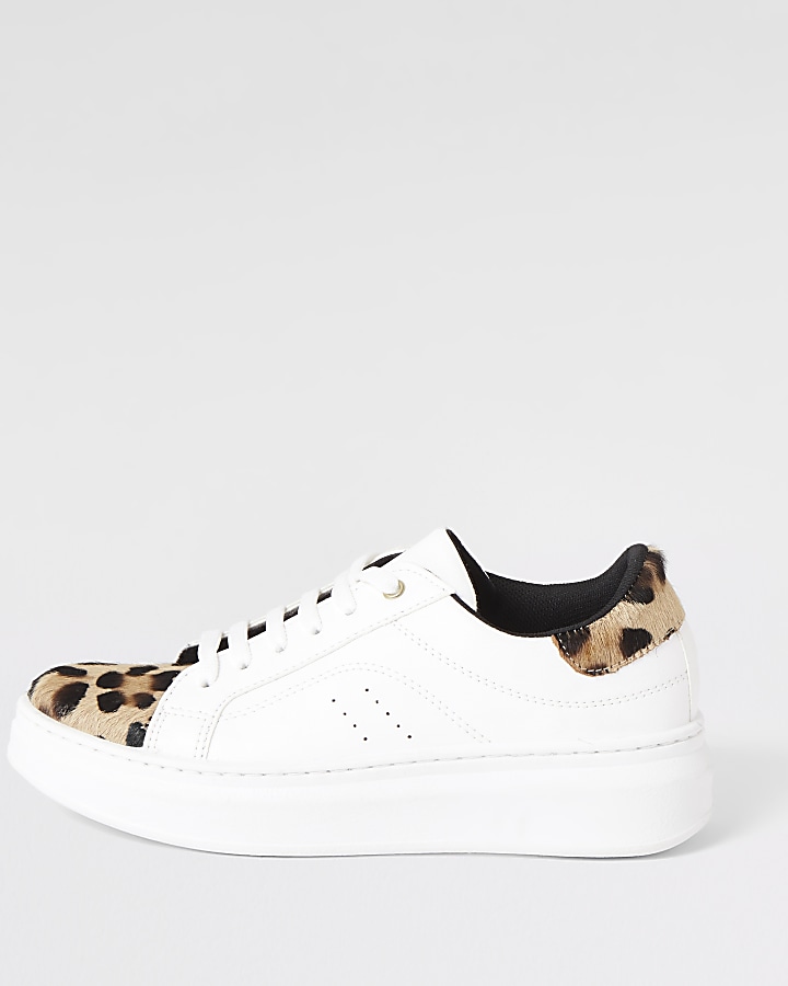 White leopard print lace-up trainers