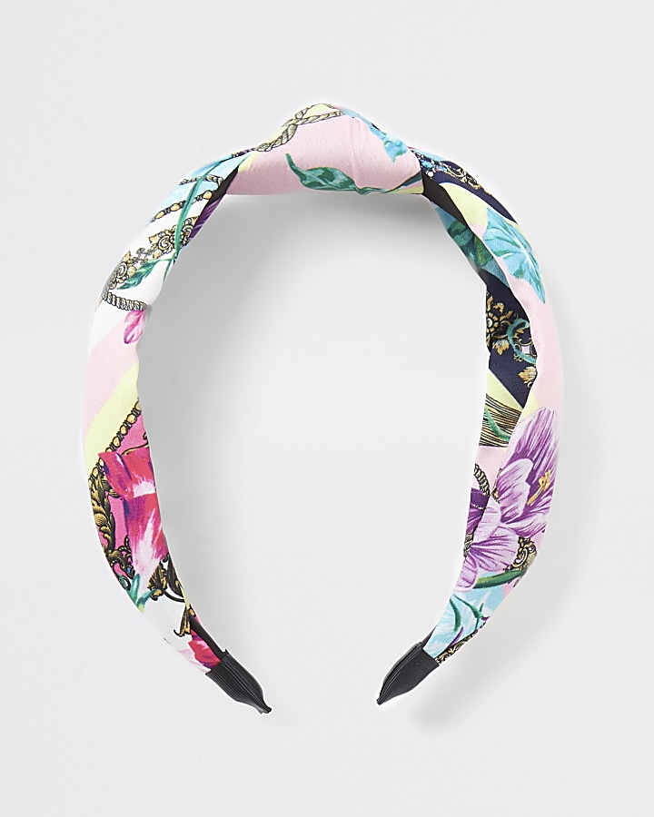 Pink floral print knot headband