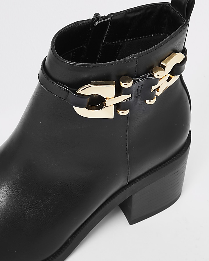 Black buckle strap heeled ankle boot