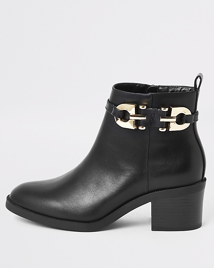 Black buckle strap heeled ankle boot