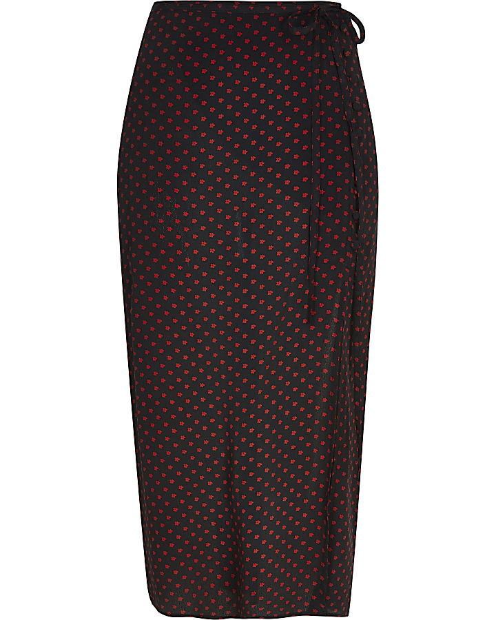 Black elasticated waist print midi skirt
