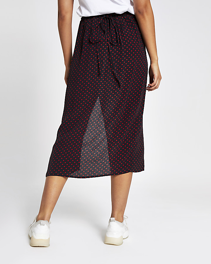 Black elasticated waist print midi skirt