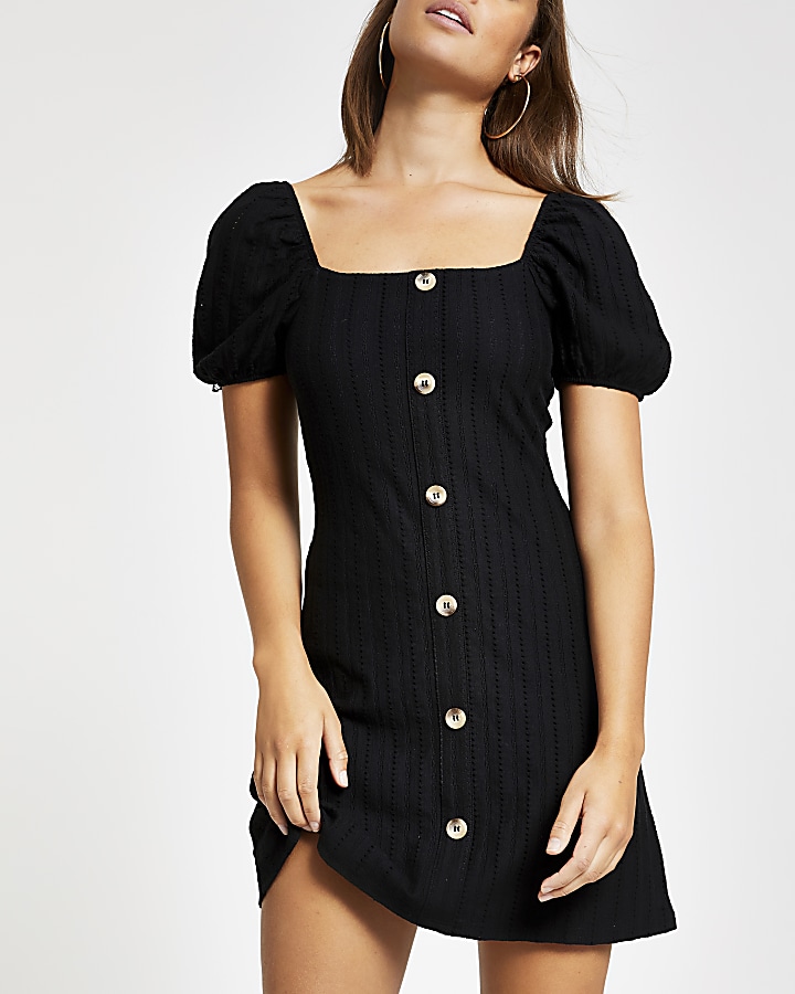 Black broderie button front dress