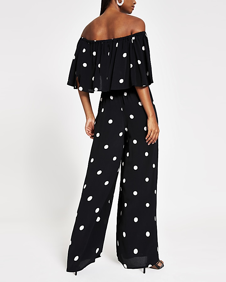 Black polka dot print bardot jumpsuit