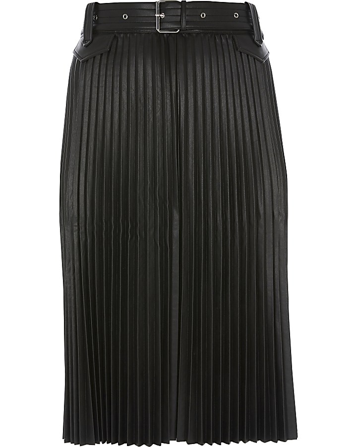 Plus black faux leather pleated midi skirt