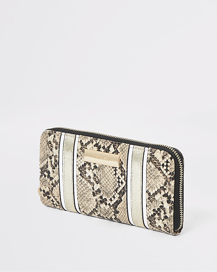 Beige snake print zip around purse