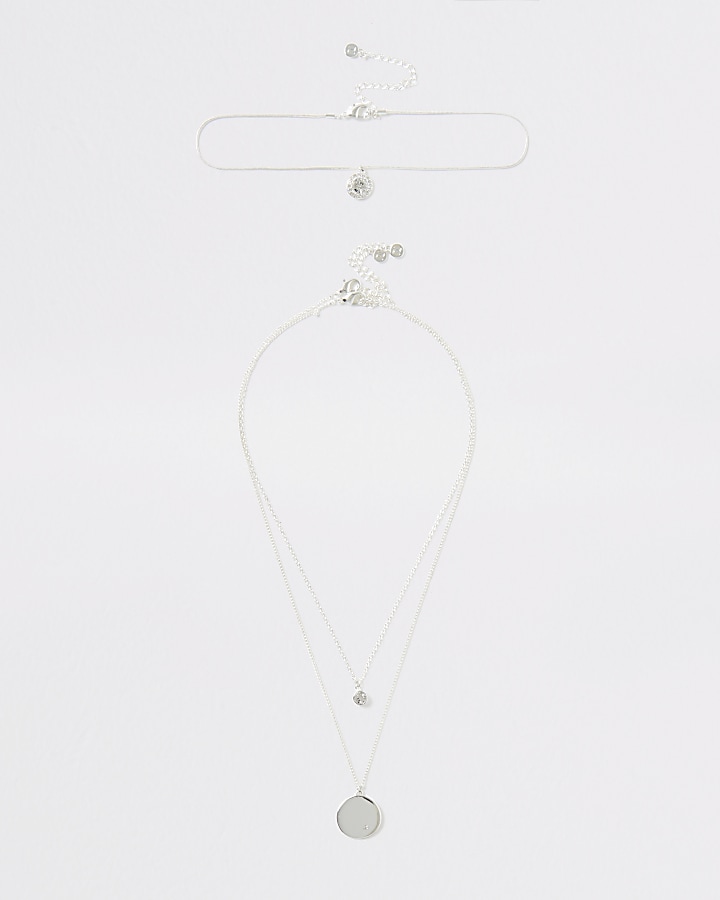 Silver colour crystal drop layered necklace