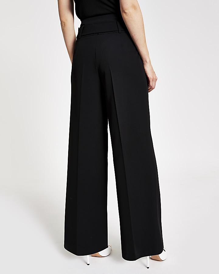 Black wide leg belted trousers