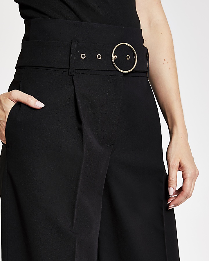 Black wide leg belted trousers