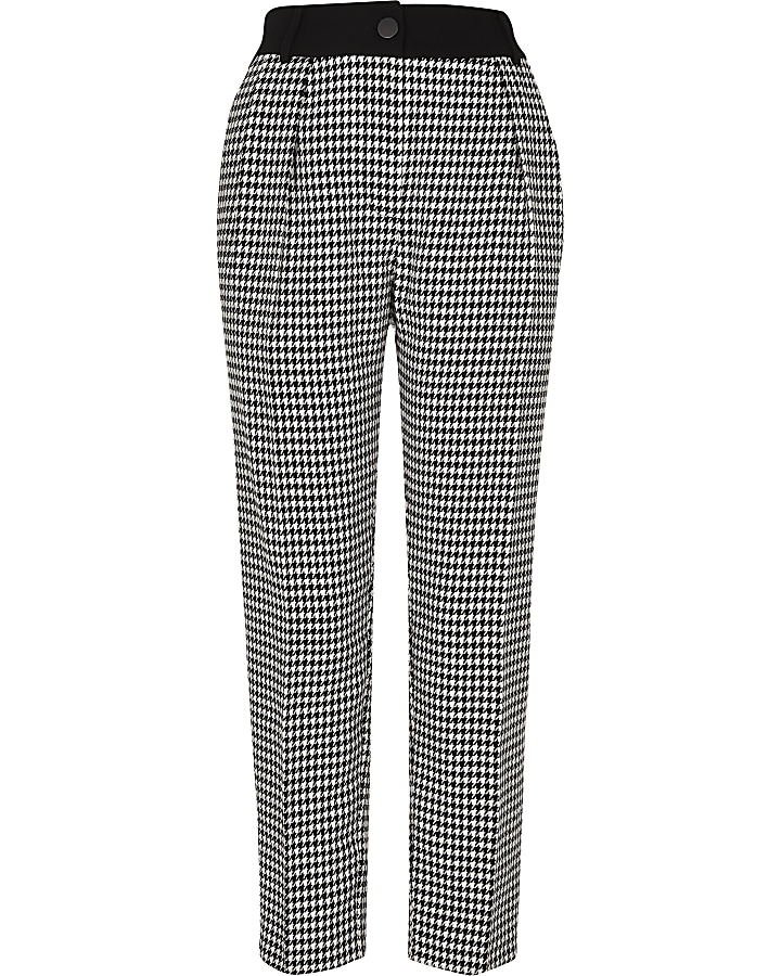 Black dogtooth pleated tapered peg trousers