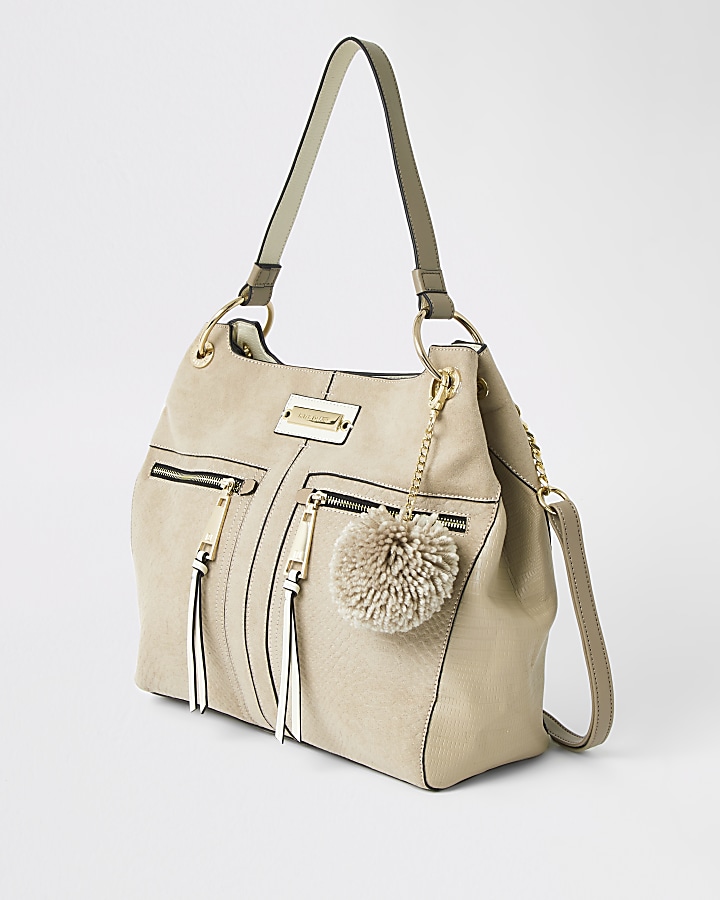 Beige zip front slouch Handbag
