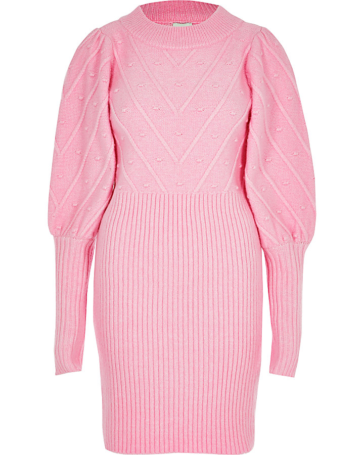 Bright pink long puff sleeve knitted dress