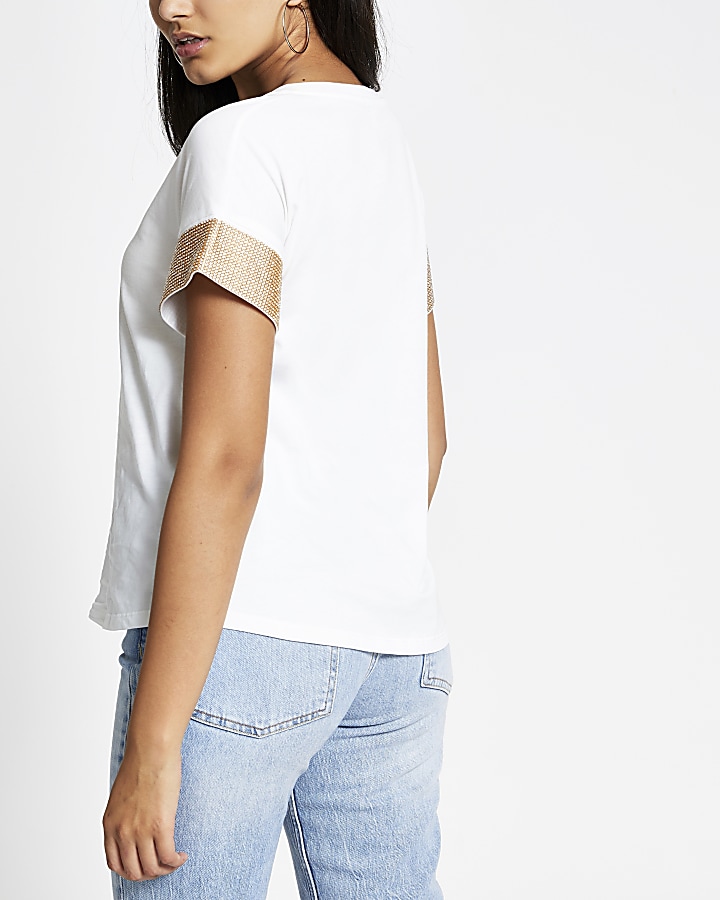 White embellished cuff short sleeve T-shirt