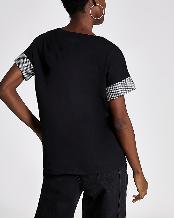 Black embellished cuff short sleeve T-shirt