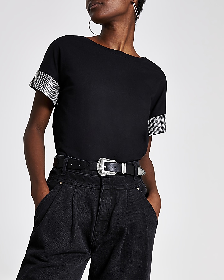 Black embellished cuff short sleeve T-shirt
