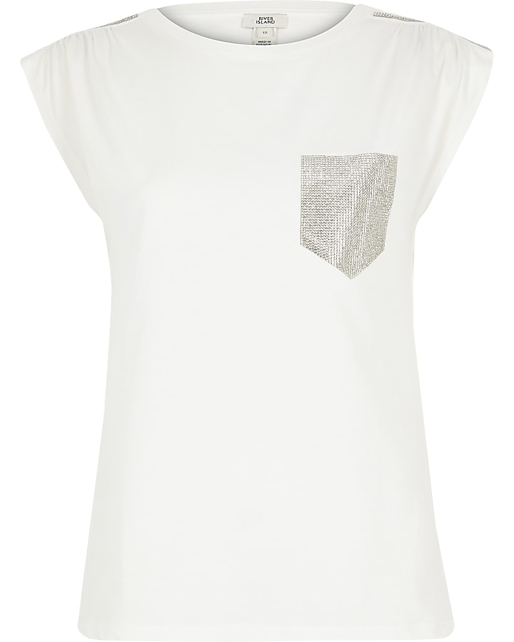 White ruched shoulder T-shirt