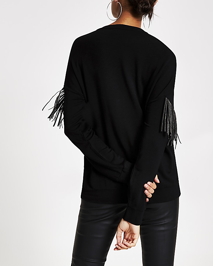 Black diamante embellished fringe sweatshirt
