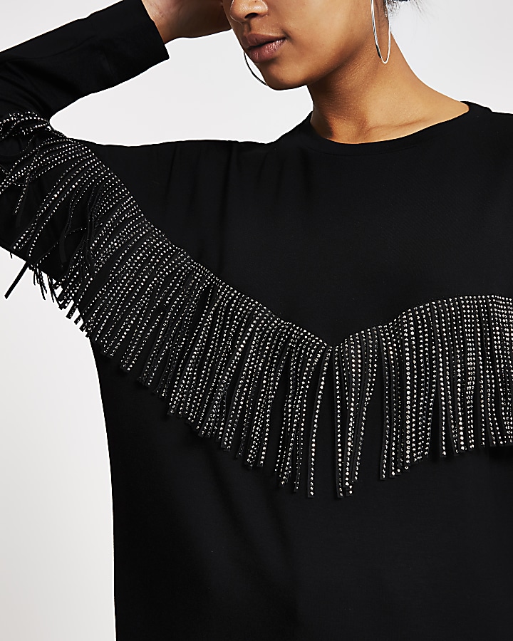 Black diamante embellished fringe sweatshirt