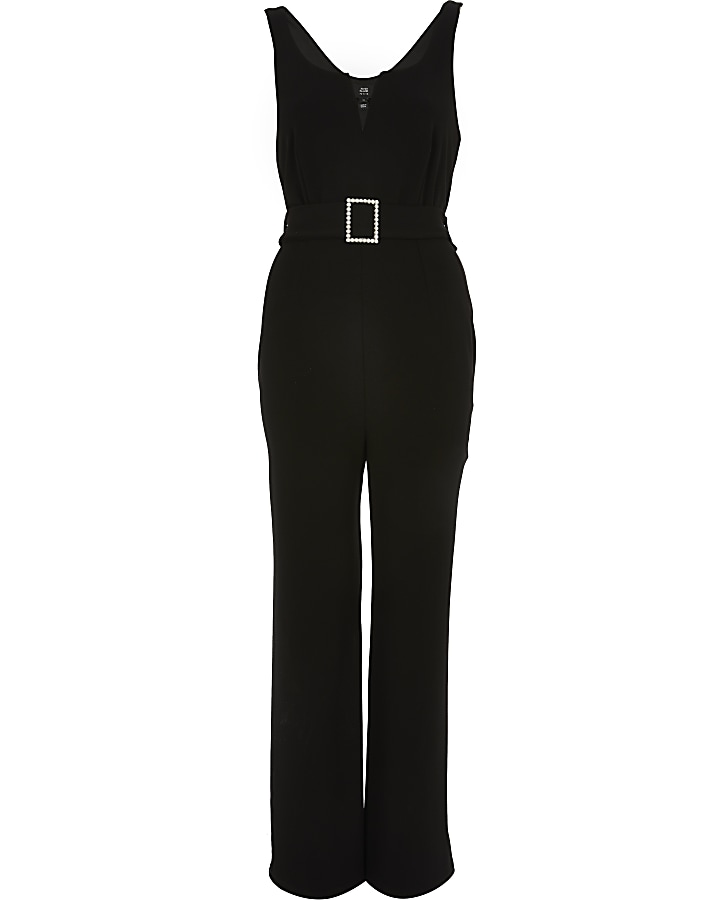 Petite black belted jumpsuit