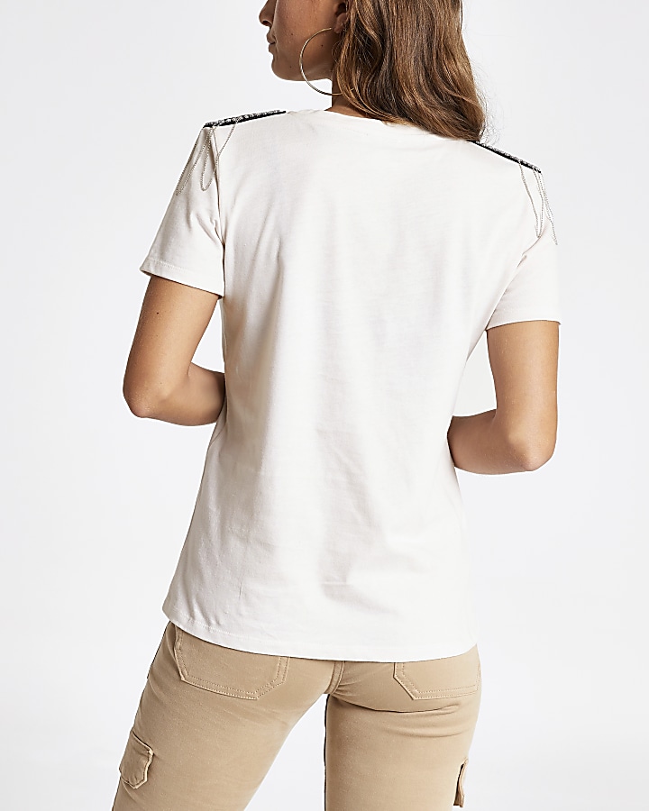 Petite beige shoulder embellished T-shirt