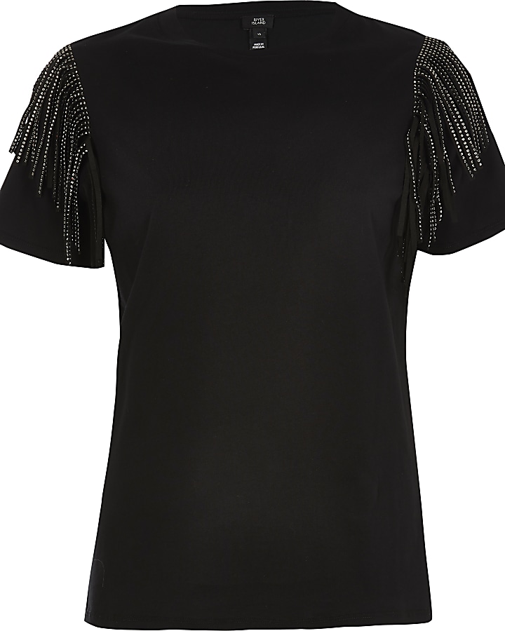 Black fringe embellished T-shirt