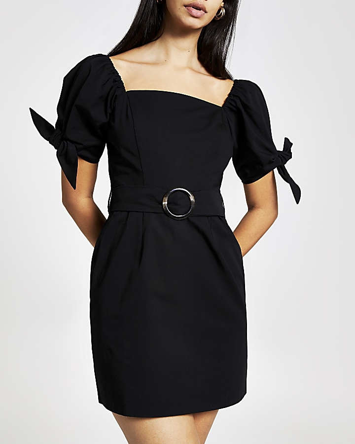 Black belted puff sleeve dress