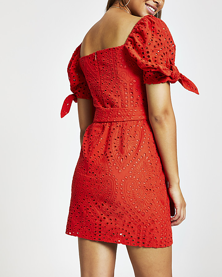 Red broderie belted puff sleeve dress