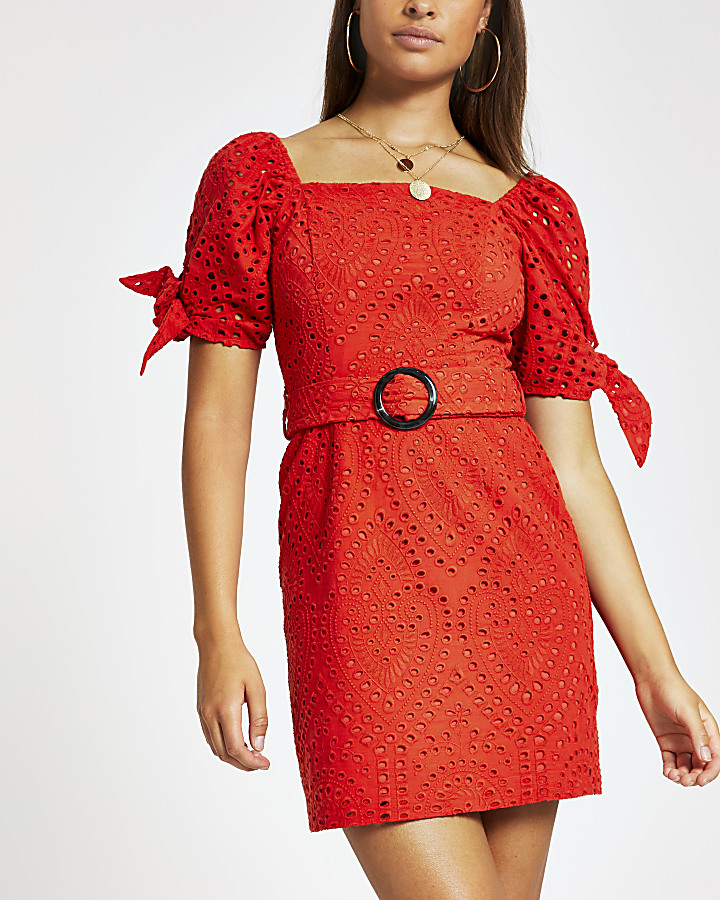 Red broderie belted puff sleeve dress