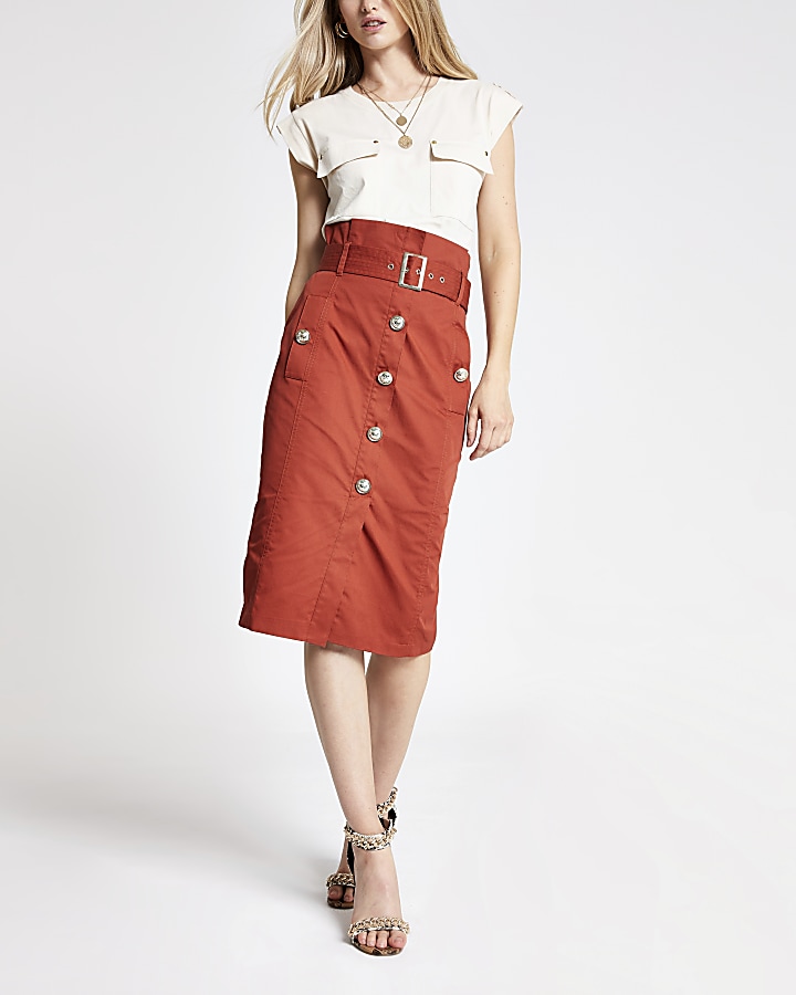 Rust belted pencil skirt