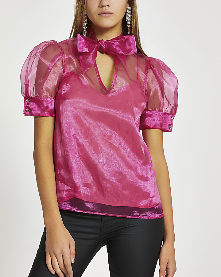 Pink bow neck puff sheer sleeve blouse