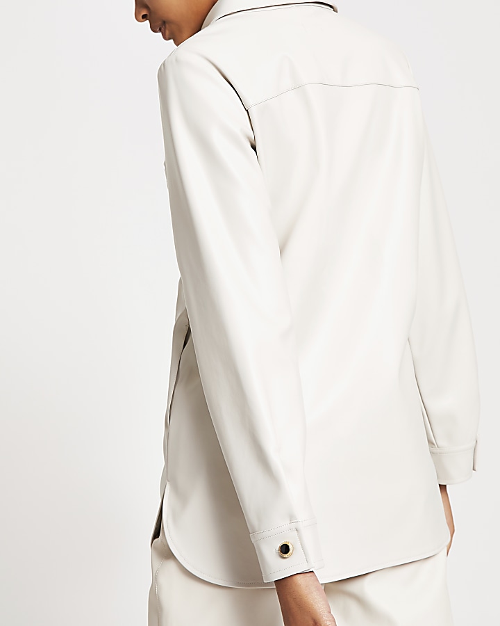 Cream faux leather long sleeve jacket