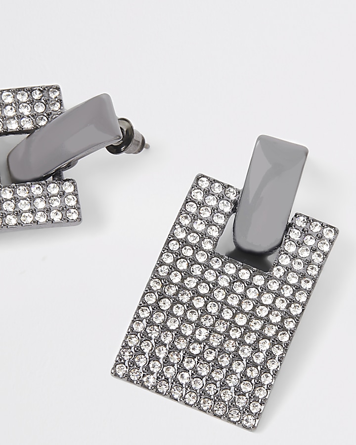 Silver colour pave rectangle earrings