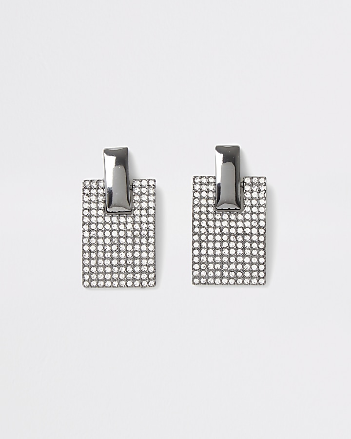 Silver colour pave rectangle earrings