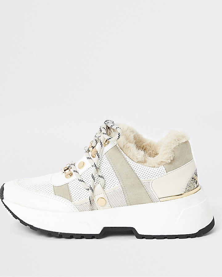 Beige faux fur lined chunky trainers