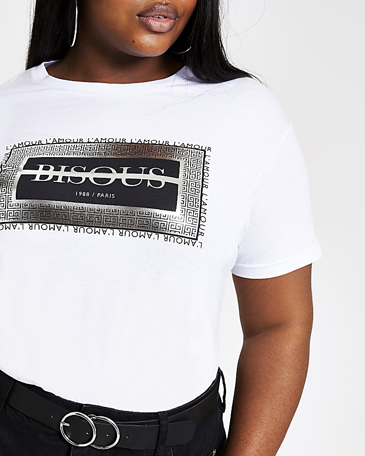 Plus white 'Bisous' foil print T-shirt