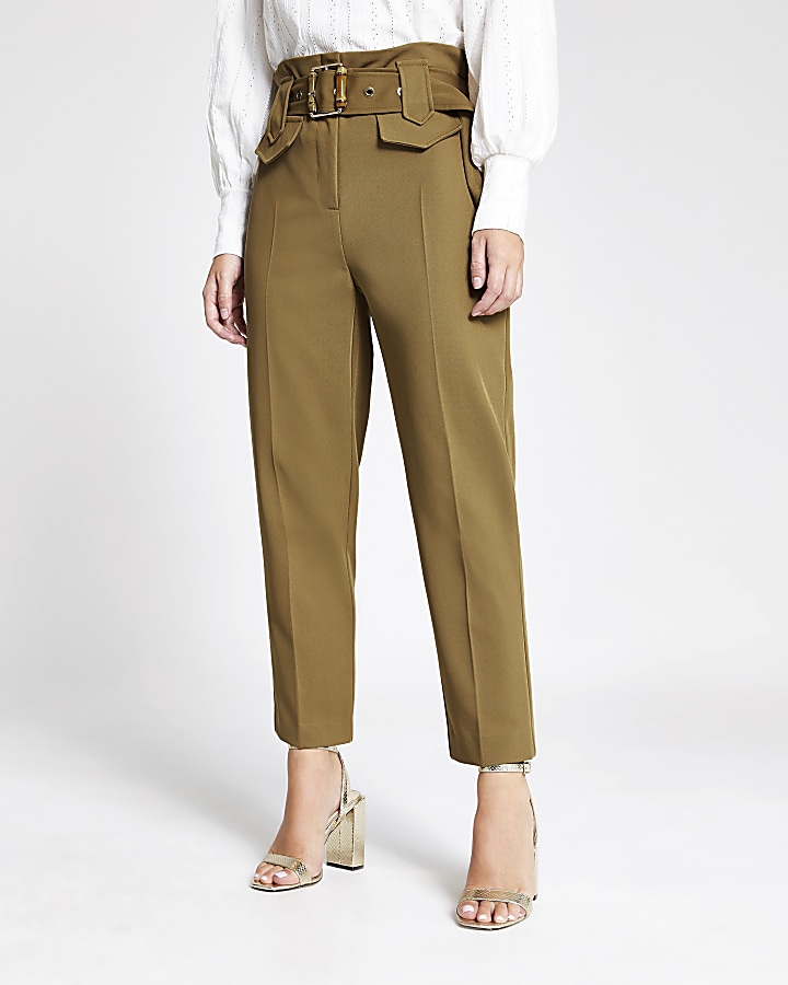 Petite light brown belted trousers