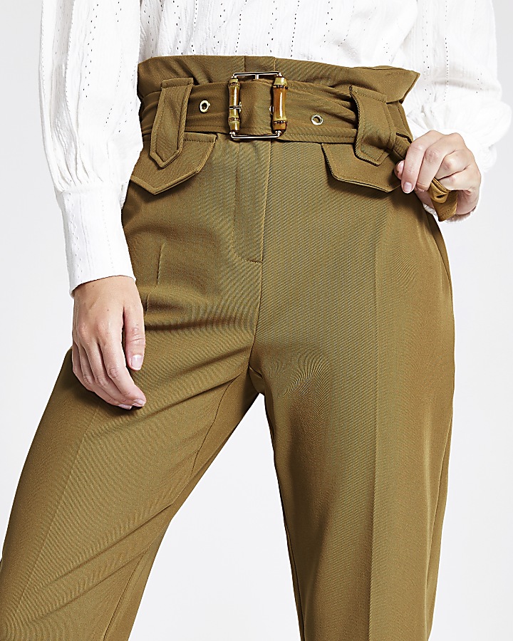 Petite light brown belted trousers