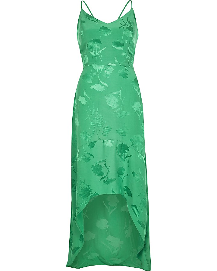 Green embroidered floral midi slip dress