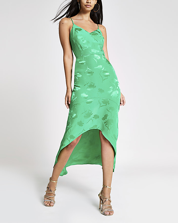 Green embroidered floral midi slip dress