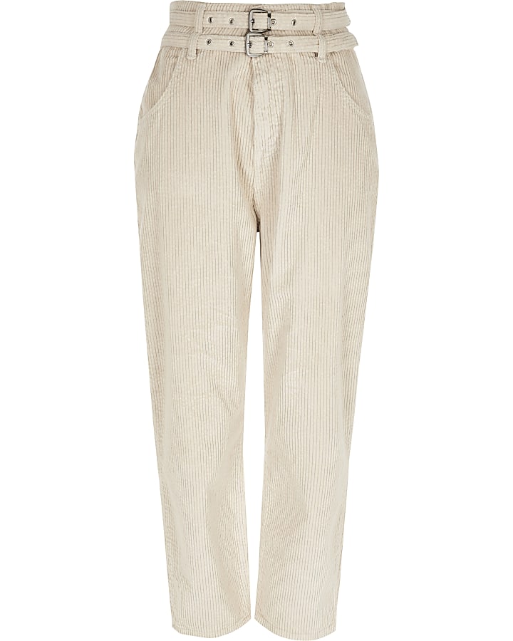Cream corduroy tapered belted trousers