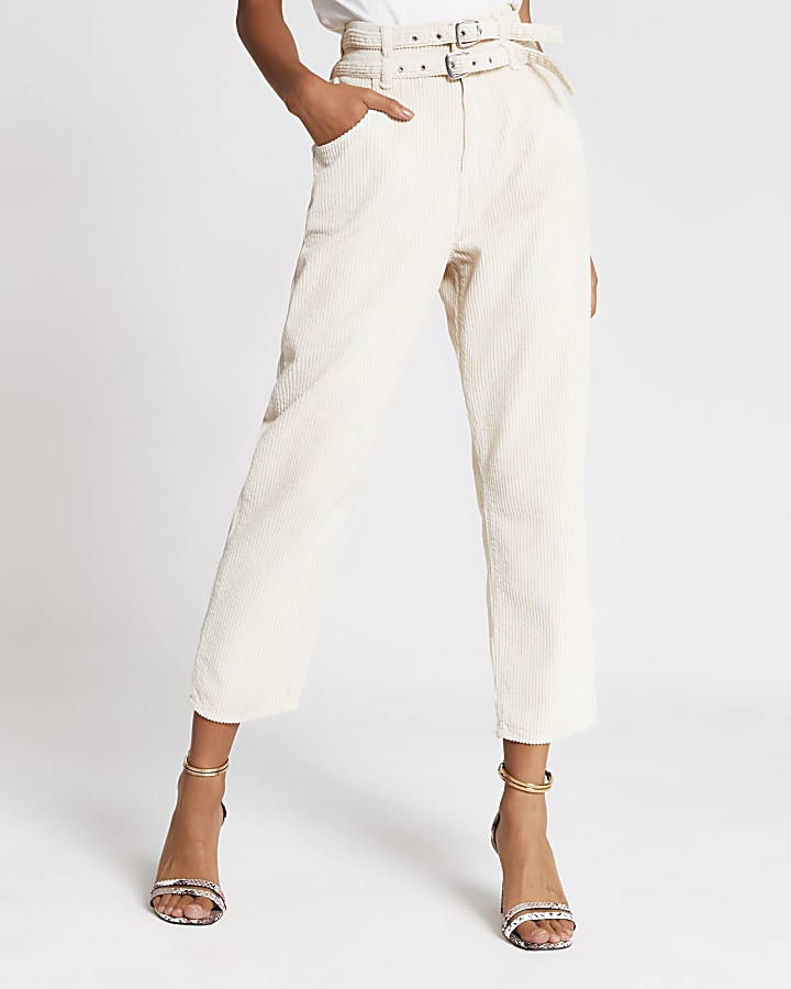 Cream corduroy tapered belted trousers