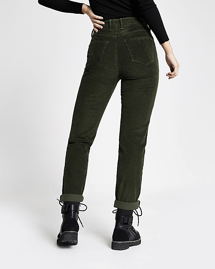 Green corduroy Mom button jeans