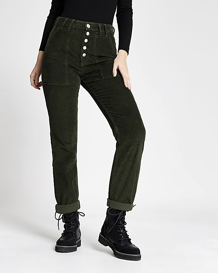 Green corduroy Mom button jeans