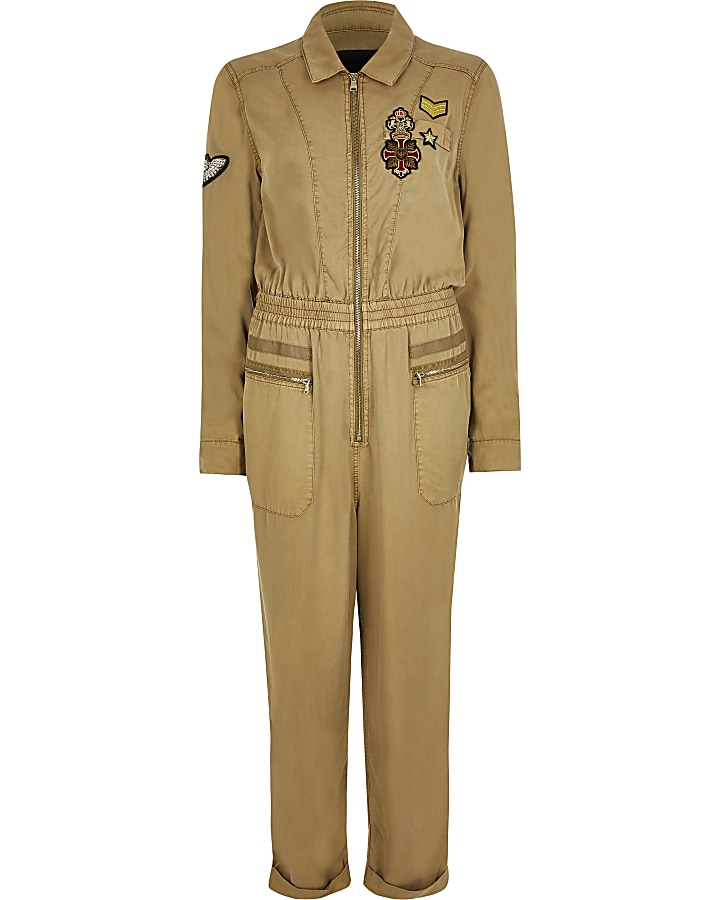 Khaki badge embellished boiler jumpsuit