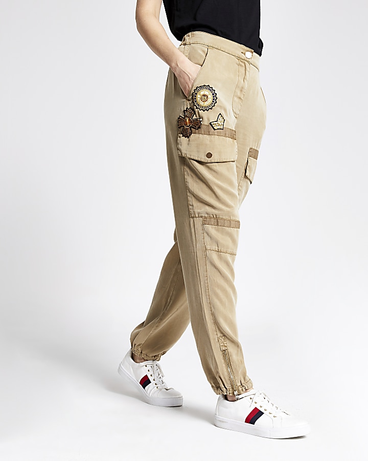 Beige embellished utility trousers