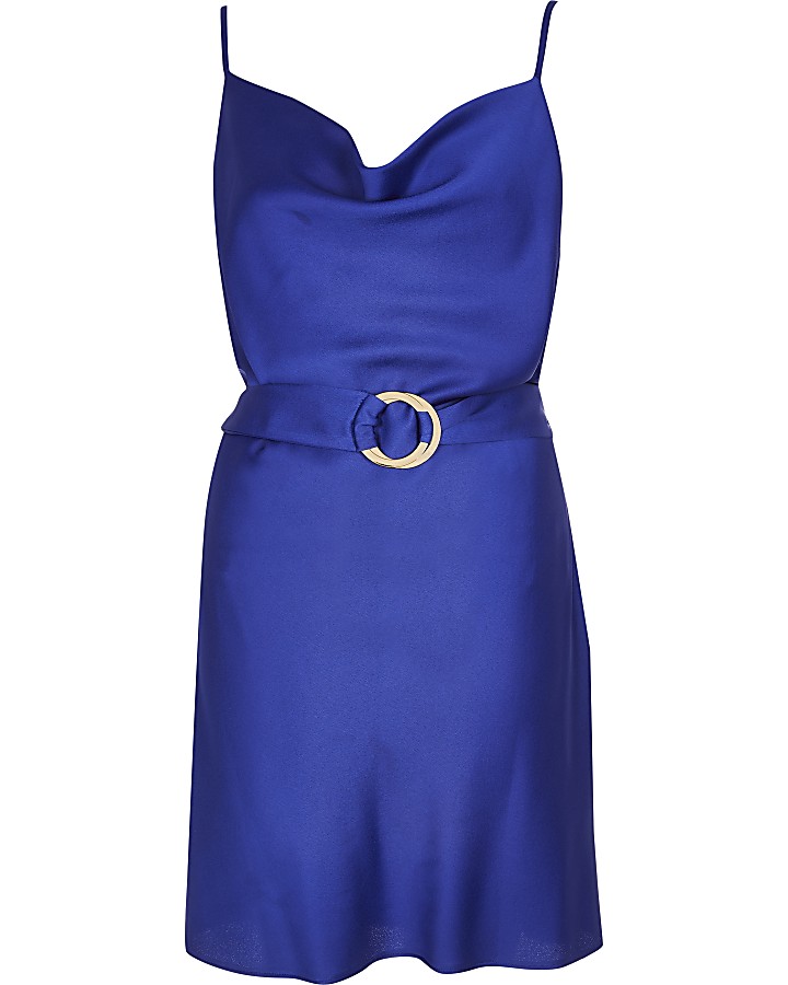 Blue cowl neck belted slip dress