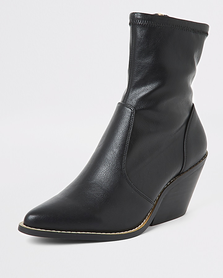 Black wide fit western heeled sock boots