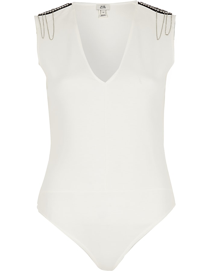 White shoulder embellished bodysuit