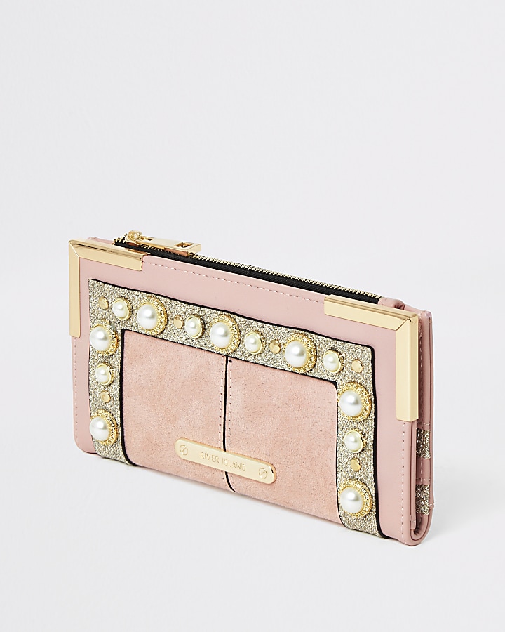 Pink pearl embellished fold out purse
